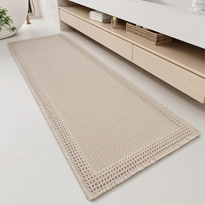 RESARE Waffle Bathroom Runner Rugs, Super Absorbent Bath Mat Non Slip Washable Quick Dry, Upgraded Ultra Soft Boho Bath Rugs with Tassels for Hallway Bedroom Laundry Room, 2'x5'(24"x60"), Pale Beige
