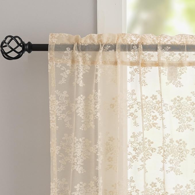 YJ YANJUN Vintage Lace Curtains 36 inch Length - Beige Short Cafe Kitchen Window Curtains Over Sink 2 Panels, Scalloped Edges, Light Filtering, Rv Curtain for Camper Windows Each W26xL36 Inch