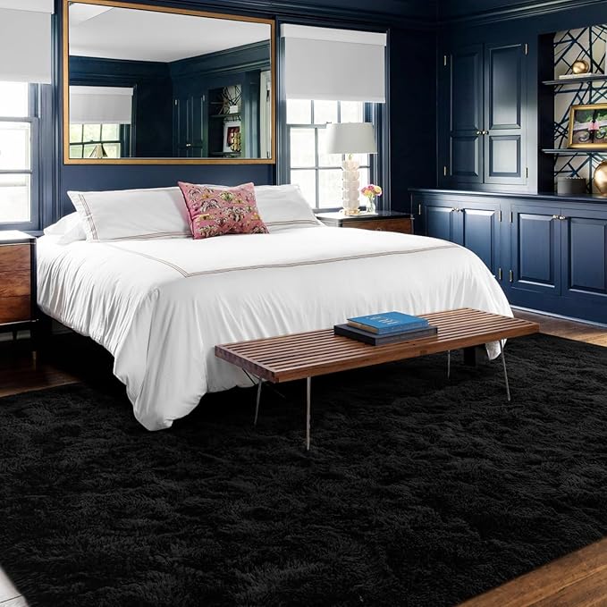9x12 Ft Large Shag Black Rug for Living Room, Ultra Soft Fluffy Furry Area Rugs for Bedroom Indoor Floor, Aesthetic Carpet for Kids Home Decor