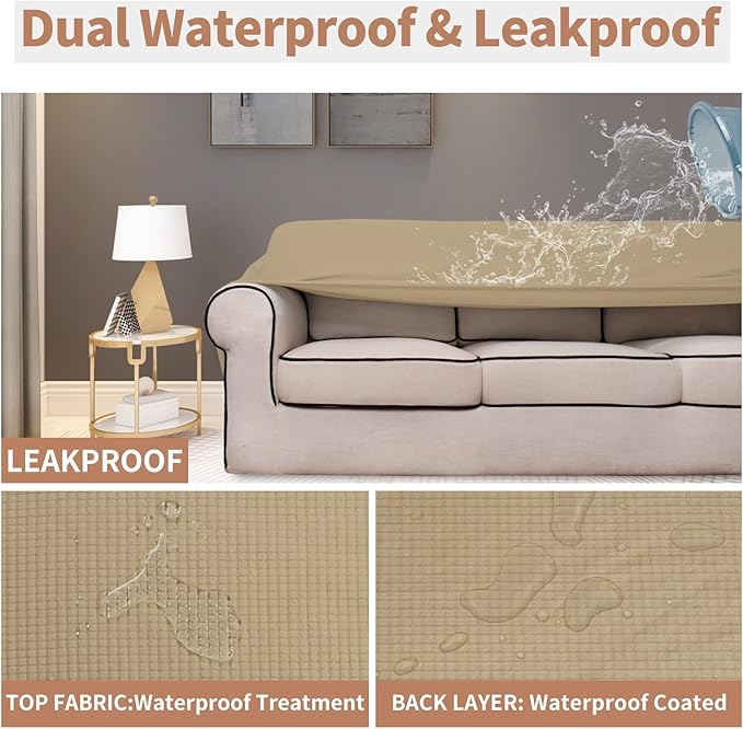 Easy-Going 100% Waterproof Oversized Loveseat Couch Cover, Dual Waterproof Sofa Cover, Stretch Jacquard Sofa Slipcover, Leakproof Furniture Protector for Kids, Pets, Dog and Cat, Sand