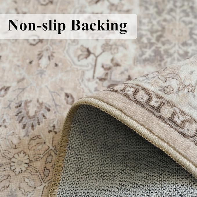 Living Room 4x6 Area Rugs: Vintage Farmhouse Washable Non-Slip Rug for Bedroom Dining Room Ultra Thin Soft Carpet for Nursery Kitchen Durable Low-Pile Neutral Floor Mat for Pet Owners(4x6 Beige)