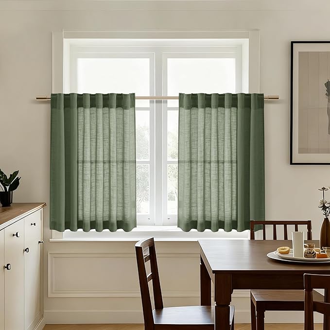 Nanspring Short Linen Cafe Curtains 36 Inch Length for Kitchen Windows Over Sink Olive Green Semi Sheer Curtains Back Tab Rod Pocket Sheer for Cafe Basement Small Windows 36x36 Inches, 2 Panels