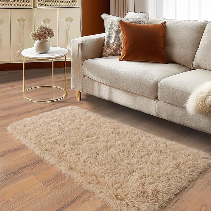 Soft Runner Rugs for Bedroom Hallways, 2x4 Beige Fluffy Shag Throw Area Rug Non Slip for Bedside Dorm, Long Shaggy Furry Carpet for Nursery Living Room