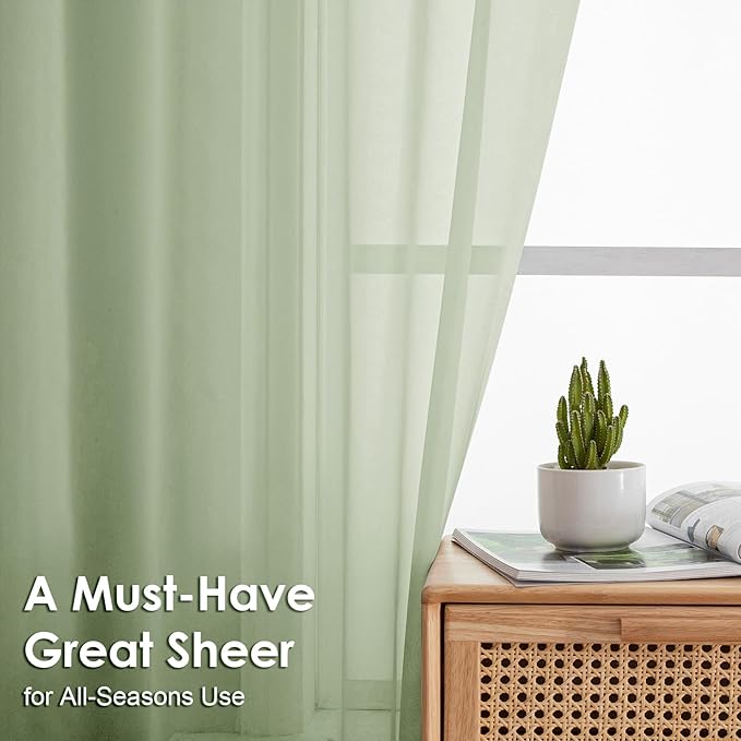 OVZME Light Green Sheer Curtains 96 Inches Long 2 Panels - Soft Light Filtering Window Sheer Panels for Living Room/Bedroom, Top Dual Rod Pocket, 1 Pair, Each 42Wx96L Inches