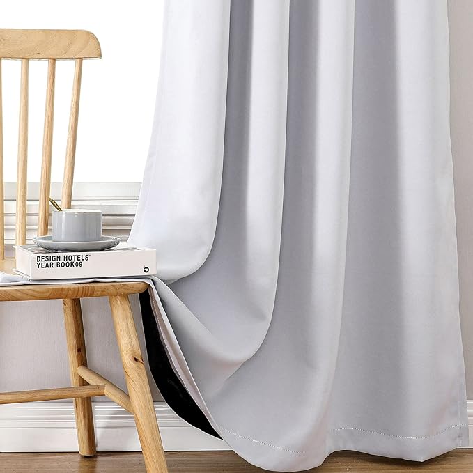 ChrisDowa 100% Blackout Curtains 72 inch Long for Bedroom with Black Liner, 2 Thick Layers Total Blackout Thermal Insulated Grommet Window Curtains 2 Panels Set (Greyish White, 42 x 72 Inch)