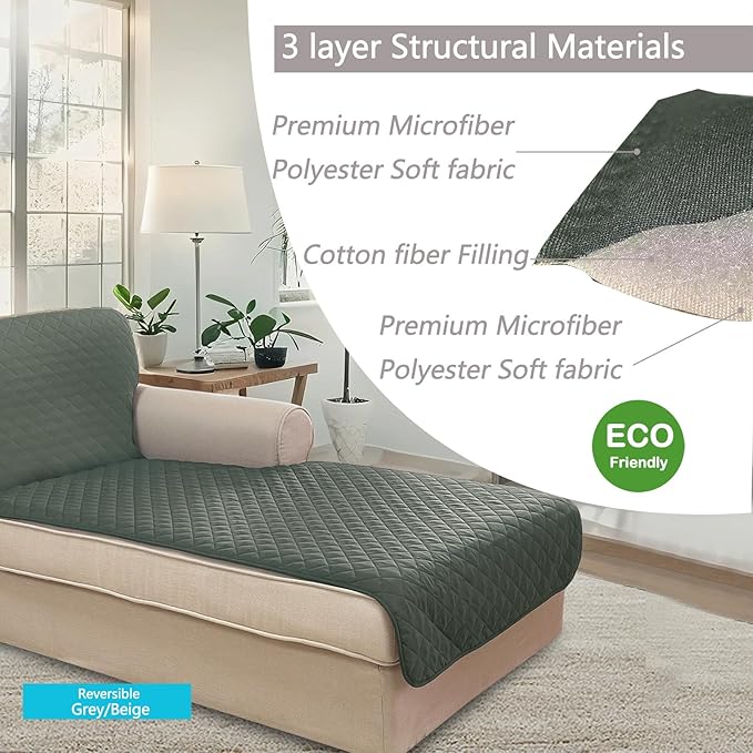 U-NICE HOME Sectional Couch Cover for Dogs Pets Chaise Lounge Reversible Sofa Cover Furniture Protector with Elastic Adjustable Strap, Grey/Beige