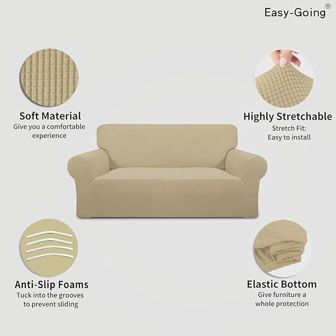 Easy-Going Stretch Oversized Loveseat Slipcover 1-Piece Sofa Cover Furniture Protector Couch Soft with Elastic Bottom for Kids Polyester Spandex Jacquard Fabric Small Checks Beige