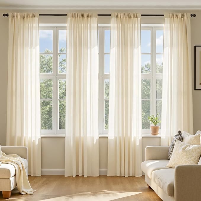 MIULEE Butter Cream Sheer Curtains 90 Inches Long, 4 Panels Set, Rod Pocket Voile Drapes Light Filtering and Semi Transparent, Elegant Window Treatments for Bedroom Living Room,42 x 90 Inches