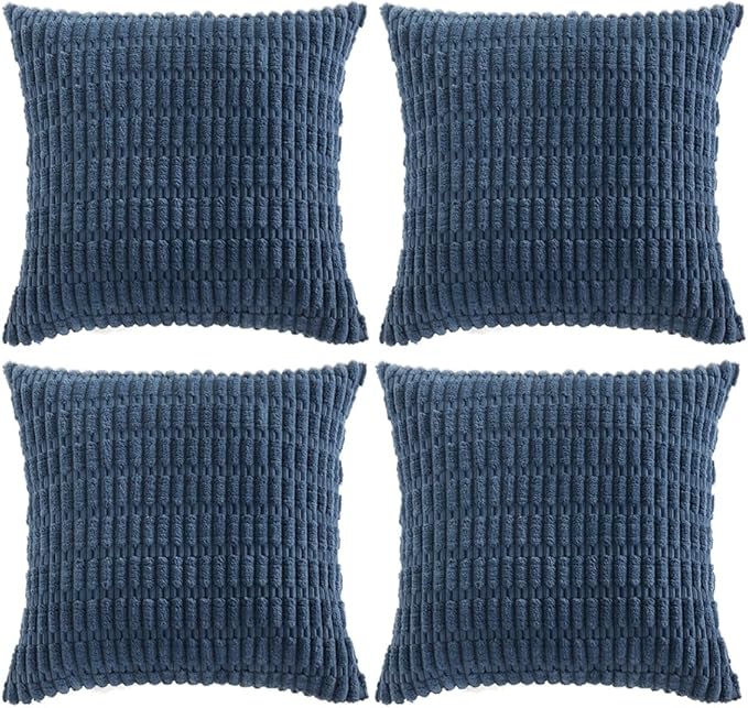 Fancy Homi 4 Packs Dusty Blue Decorative Throw Pillow Covers 18x18 Inch for Living Room Couch Bed Sofa, Rustic Farmhouse Boho Home Decor, Soft Plush Striped Corduroy Square Cushion Case 45x45 cm