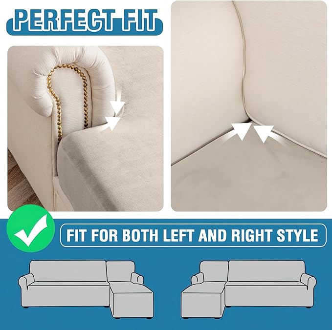 Couch Cover 6-Piece Elastic Velvet Couch Cushion Covers & Chaise Slipcovers for L-Shaped Sofas - Sofa Seat Covers Washable, Soft Protector for Couches (5 Seater + Chaise, Taupe)