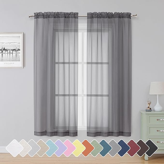 Simplebrand Grey Sheer Curtains 63 Inch Length 2 Panels, Rod Pocket Solid Color Window Sheer Curtain Panels, Elegant Curtains & Drapes for Living Room, Bedroom 2 Panels (Charcoal Grey, 42" W x 63" L)