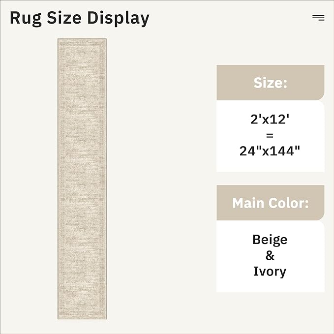 Runner Rug 2x12 Washable Non-Slip Hallway Runner Rugs for Kitchen Bathroom Laundry Room Beige Vintage Floor Carpet Runners for Hallways Entryway