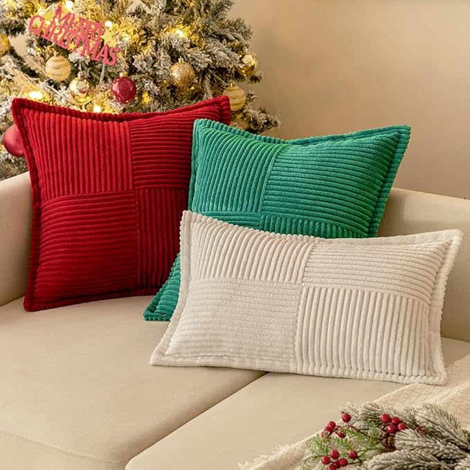 MIULEE Decorative Euro Sham Throw Pillow Covers for Couch Bed Livingroom 24x24 Inch Set of 2 Red Boho Accent Throw Pllows Broadside Striped Patchwork Soft Corduroy Pillowcases