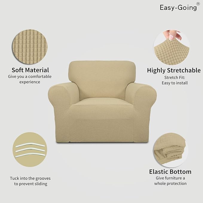 Easy-Going Stretch Chair Sofa Slipcover 1-Piece Couch Sofa Cover Furniture Protector Soft with Elastic Bottom for Kids, Pet. Spandex Jacquard Fabric Small Checks (Chair, Beige)