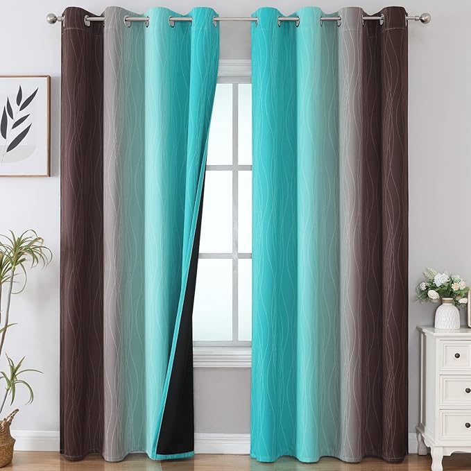 Estelar Textiler Ombre Blackout Curtains 102 Inches Long 2 Panels Set, Brown and Teal Thermal Insulated Drapes for Bedroom, Full Room Darkening Grommet Curtains for Living Room, 52Wx102L