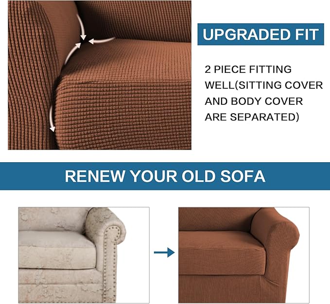 H.VERSAILTEX 2-Piece Armchair Cover Slipcovers with Arms - Sofa Slipcover for Chair Width Up to 47 Inch, Anti-Slip Rich Stretch Knitted Jacquard Fabric Small Checks (Caramel)