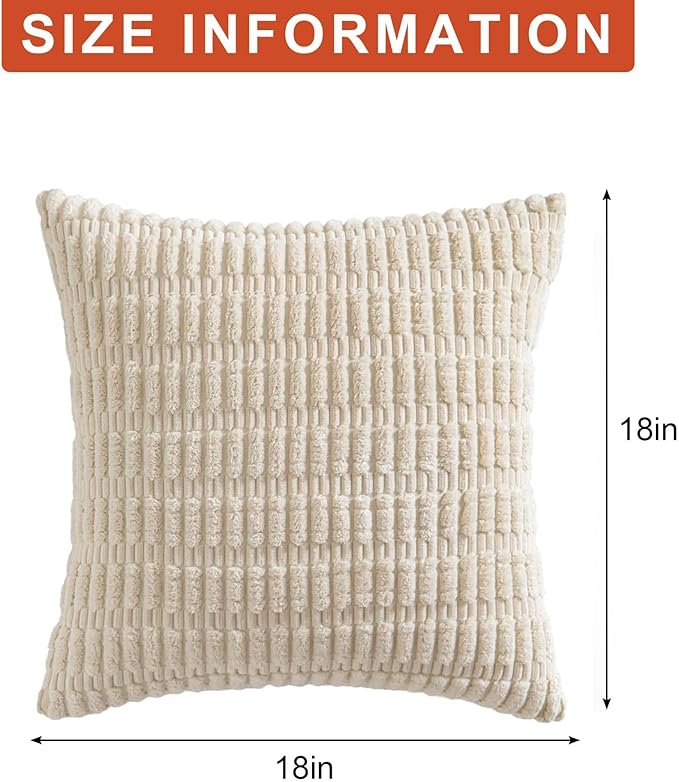 Pack of 2 Corduroy Decorative Throw Pillow Covers 18x18 Inch Soft Striped Pillow Covers Modern Farmhouse Home Decor for Sofa Living Room Couch Bed(Cream White)