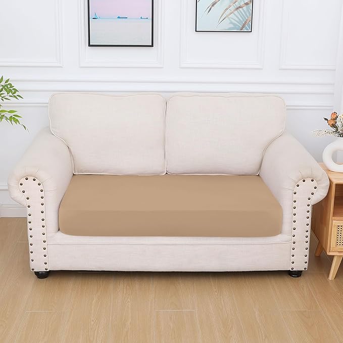 hyha Milk Silk Couch Cushion Covers, Soft Magic Sofa Covers Washable for 2 Cushion Couch, Stretch Sectional Outdoor Cushion Covers for Patio Furniture with Elastic Bottom(Medium, Camel)