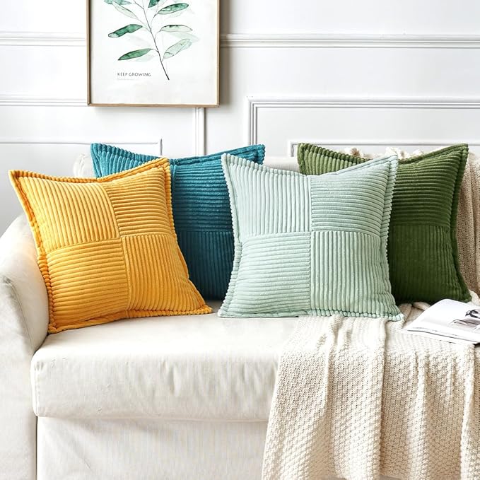 MIULEE Spring Decorative Throw Pillow Covers for Couch Bed Livingroom 20x20 Inch Set of 2 Light Green Boho Accent Throw Pllows Broadside Striped Patchwork Soft Corduroy Summer Pillowcases