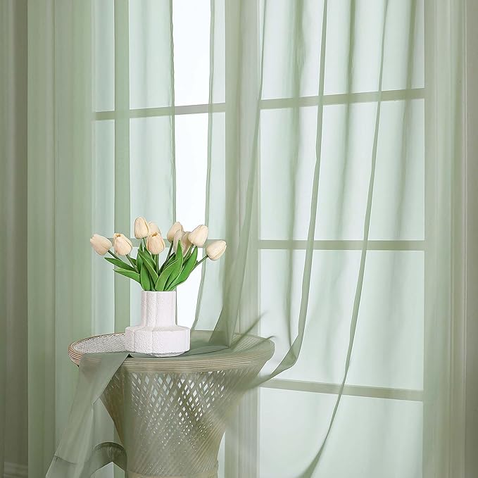 OWENIE Sage Green Sheer Curtains, Sheer Curtains 96 inches Long 2 Panels Set, Rod Pocket Voile Fimly Sheer Drapes for Living Room/Bedroom, 2pcs, Each 59" W x 96" L