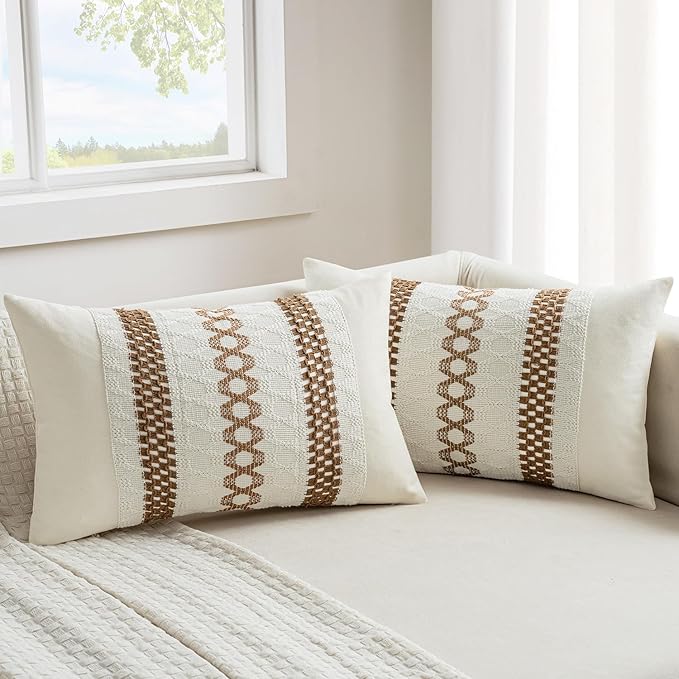 MIULEE Set of 2 Coco Brown Boho Decorative Lumbar Pillow Covers 12x20 Inch Farmhouse Rustic Couch Throw Pillows Modern Cotton Cushion Covers Retro Cute Macrame Woven Spring Decor for Bed Sofa Chair