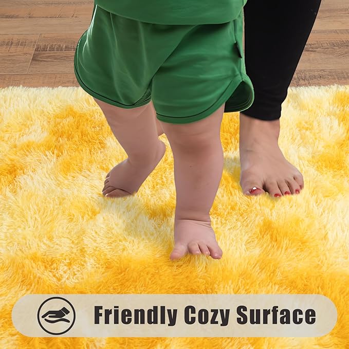 Soft Runner Rugs for Bedroom Hallways, 2x6 Tie-Dyed Yellow Fluffy Shag Throw Area Rug Non Slip for Bedside Dorm, Long Shaggy Furry Carpet for Nursery Living Room