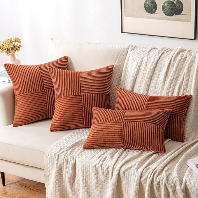 MIULEE Dark Rust Decorative Throw Pillow Covers 18x18 Inch for Couch Bed Sofa Pack of 2 Terracotta Boho Farmhouse Throw Pillows Fall Soft Cross Corduroy Patchwork Textured Cushion Cases