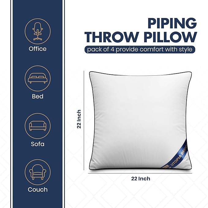 Utopia Bedding Throw Pillow Inserts (Pack of 4, White), 22 x 22 Inches Decorative Indoor Pillows for Sofa, Bed, Couch, Cushion Sham Stuffer