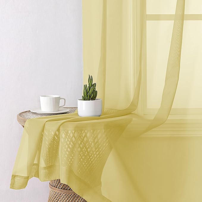 Aiyufeng Yellow Sheer Curtains 54 Inch Length 2 Panels Set, Light Filtering Airy Rod Pocket Yellow Window Curtain Treatment Drapes for Kitchen Bedroom Living, Each 42Wx54L Inches