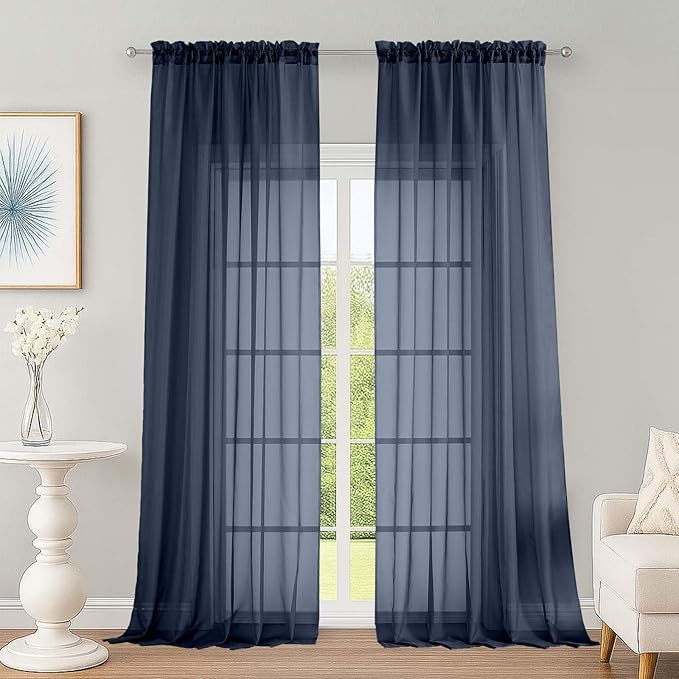 OWENIE Extra Long Navy Blue Sheer Curtains 96 Inches Long 2 Panels Set, Soft Lightweight Airy Voile Sheer Curtain for Bedroom Living Room, Rod Pocket Solid Color Farmhouse Curtains, 59" Wx96 L Inch