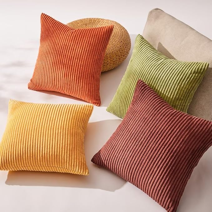 Topfinel Fall 20x20 Set of 4 Couch Decorative Pillow Covers,Modern Burnt Orange Yellow Green Gradient Corduroy Throws Pillow Case,Rustic Western Cushion Covers for Bed Sofa Living Room Home Decor