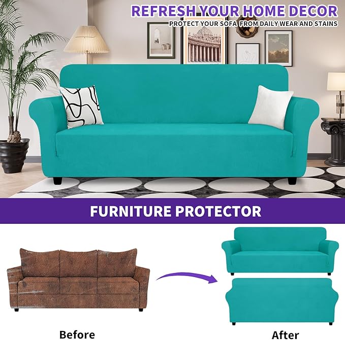 ZNSAYOTX Super Stretch Sofa Cover (72"-92"), New Striped Sofa Covers Fitted Slipcovers with Elastic Bottom, Dog Cat Pets Proof Spandex Washable Fabric Comfortable & Durable (Peacock Teal, Sofa)