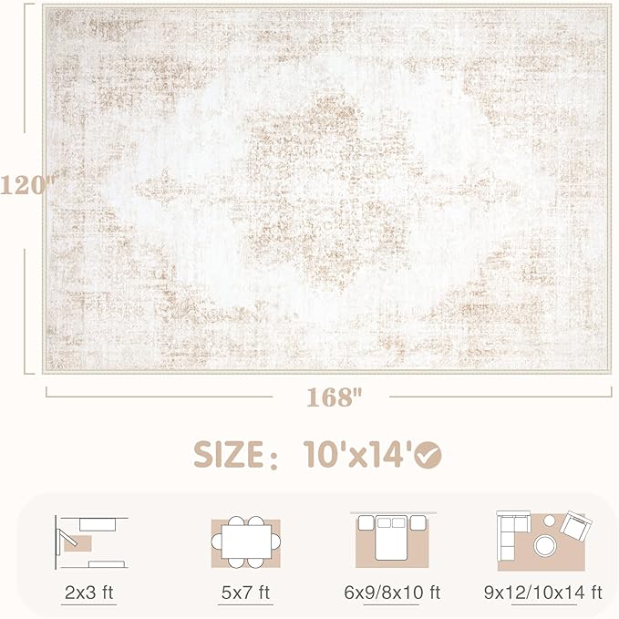 Area Rug 10x14 Vintage Rugs: Large Washable Living Room Rug Retro Medallion Distressed Soft Low Pile Non-Slip Rugs Indoor Floor Carpet for Bedroom Nursery Dining Table Office (Beige,10'x14')
