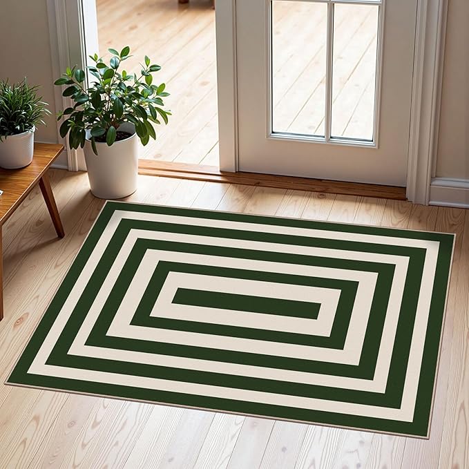 Front Door Mat Outside Entrance - 2x3 Green White Non-Slip Washable Doormat Indoor Outdoor Entrance Geometric Bordered Rug Small Throw Rugs for Entryway Bedroom Kitchen Front Porch Decor