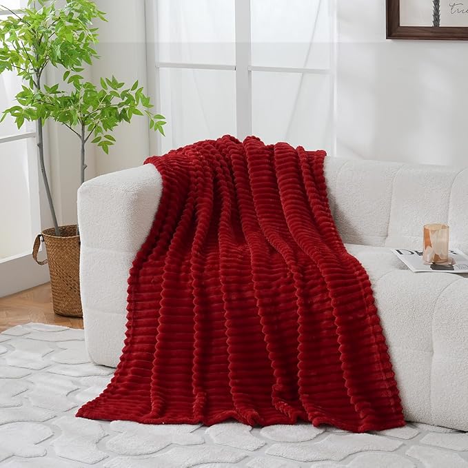 Red Fleece Throw Blanket 108”×90” for Couch Sofa Bed,Super Soft Cozy Plush Microfiber Flannel Blanket with Stripes Design Lightweight for Adults,Woman,Girls