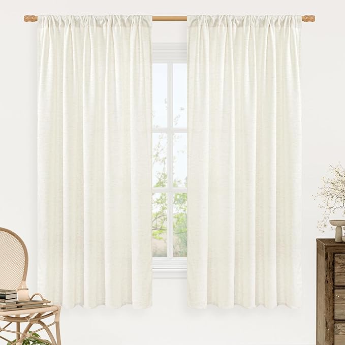 LAMIT Natural Linen Blended Curtains 63 Inch for Bedroom, Light Filtering Semi Sheer Living Room Curtains Farmhouse Boho Rod Pocket Privacy Drapes for Dining Room, 2 Panels (52 x 63 Inch, Cream)