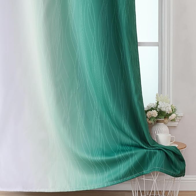 Estelar Textiler Ombre Greyish White and Green Blackout Curtains & Drapes for Bedroom, Thermal Insulated Full Light Blocking Grommet Blackout Spring Drapes for Kids Room, 42Wx63L, 2 Panels