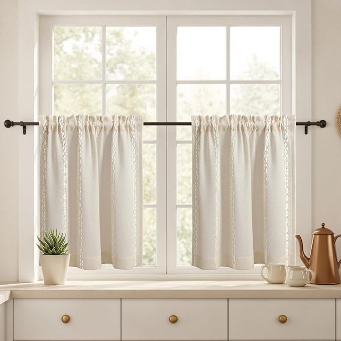 Boho Kitchen Cafe Curtains 25x24 Inch, Beige Linen Blend Embroidered Light Filtering Curtains for Small Kitchen Window, 2 Panels