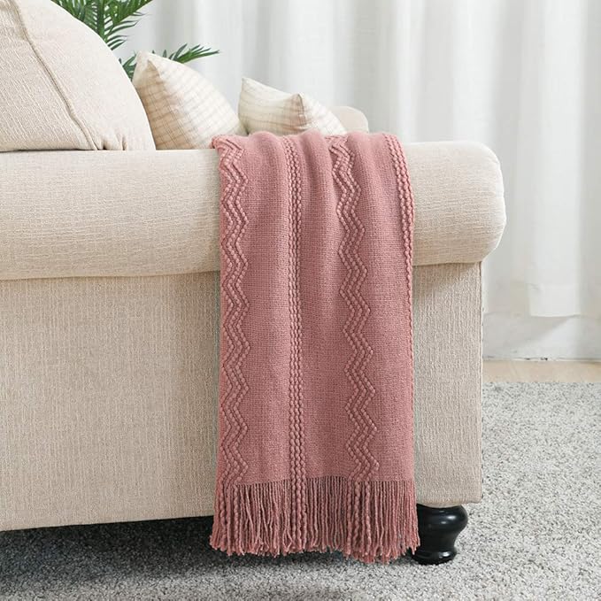 BOURINA Coral Pink Throw Blanket 60 x80 Inches Textured Solid Soft Sofa Throw Bed Runner Knitted Decorative Blanket