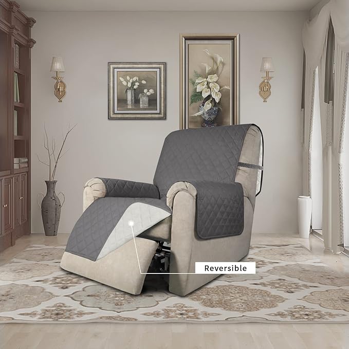 Easy-Going Recliner Chair Slipcover Reversible Sofa Cover Water Resistant Couch Cover Furniture Protector with Elastic Straps for Pets Dog (Recliner 22 inch, Gray/Ivory)
