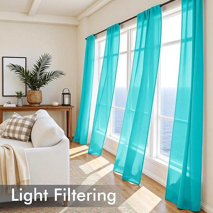 MIULEE Turquoise Sheer Curtains 90 Inches Long, 4 Panels Set, Light Filtering Rod Pocket Voile Drapes for Living Room and Bedroom, Airy Soft Fabric Window Treatments, 42 x 90 Inches