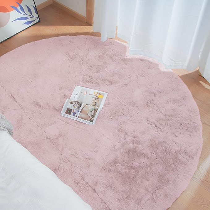 ORINOVA Pink Boho Faux Rabbit Fluffy Fur Rugs for Bedroom Shag Circle Washable Area Rugs for Living Room Nursery Round Rug 4ft