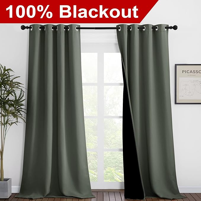 NICETOWN Dark Mallard Blackout Curtains 90 inches Long, Full Light Blocking Drapes with Black Liner for Nursery, Thermal Insulated Draperies for Hall, Villa (2 Pieces, 46" Wide per Panel)