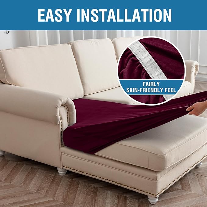Couch Cover Velvet Chaise Cushion Cover for Sectional Sofas - Elastic L-Shaped Sofa Seat Covers Washable, Slipcover Protector (1-Piece, Wine)