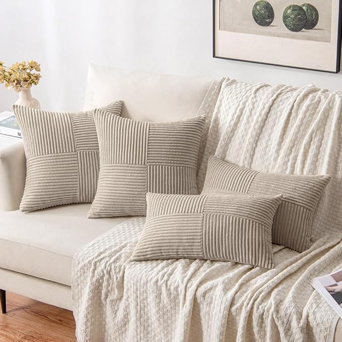 MIULEE Light Brown Decorative Throw Pillow Covers 20x20 Inch for Couch Bed Sofa Pack of 2 Boho Neutral Farmhouse Throw Pillows Soft Cross Corduroy Patchwork Textured Cushion Cases