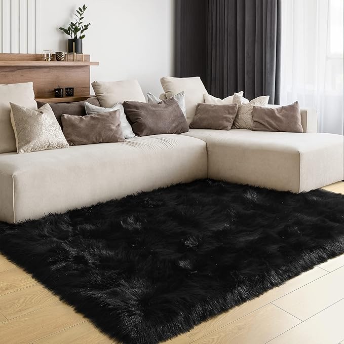 LOCHAS Soft Fluffy Faux Fur Rugs for Bedroom Bedside Rug 3x5 Feet, Washable, Furry Sheepskin Area Rug for Living Room Girls Room, Luxury Shag Carpet Home Decor, Black