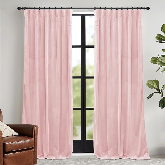 RYB HOME Pink Velvet Curtains 102 inches, Back Tab Soft Fabric Room Darkening Thermal Insulated Luxurious Home Decor Curtains for Living Room Bedroom, W 52" x L 102", 2 Panels Set