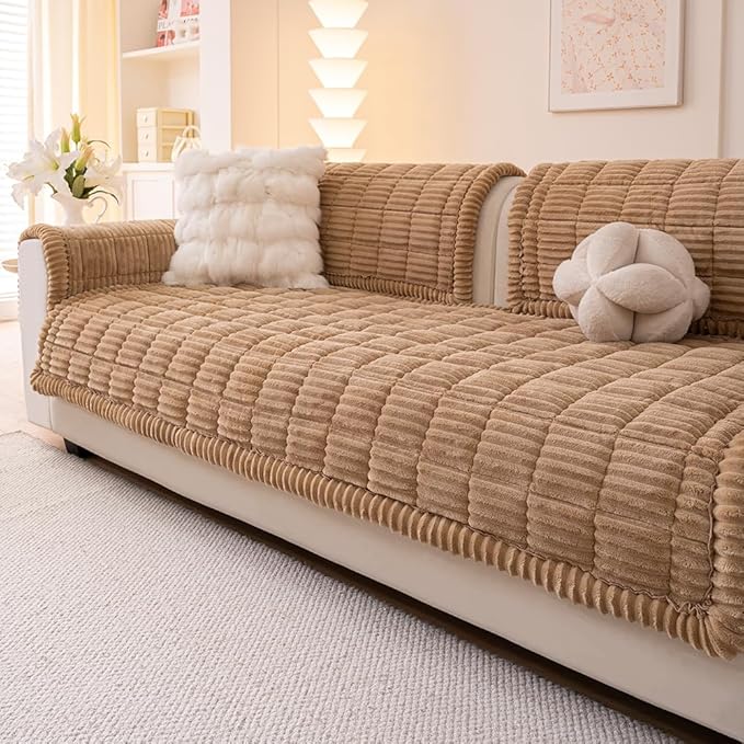 Couch Cover for Dogs Washable, Fuzzy Pet Couch Covers for 3 Cushion Sofa Pet Friendly, Non Slip Sofa Cover (Light Brown, 35" x 82.7"/90 x 210cm)