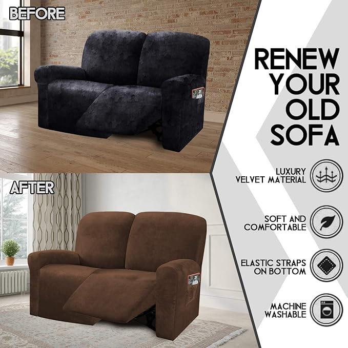 ULTICOR Reclining Love Seat Slipcover, 48" - 65" L, 6-Piece Velvet Stretch Loveseat Reclining Sofa Covers, 2 seat Love seat Recliner Cover, Thick, Soft, Washable (Chocolate)
