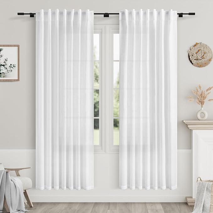 Nanspring White Linen Curtains 71 Inches Long for Bedroom Back Tab Light Filtering Privacy Sheer Drapes Modern Farmhouse Decor Linen Textured Gauze Curtain for Bathroom 2 Panels Set 52x71